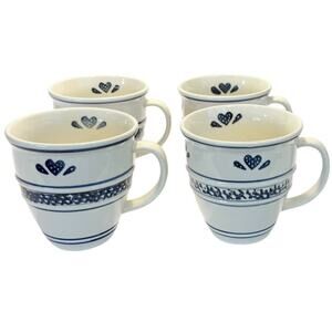 Vtg Tienshan Country Crock Blue Heart Banded Spongeware Coffee Mug Set of 4